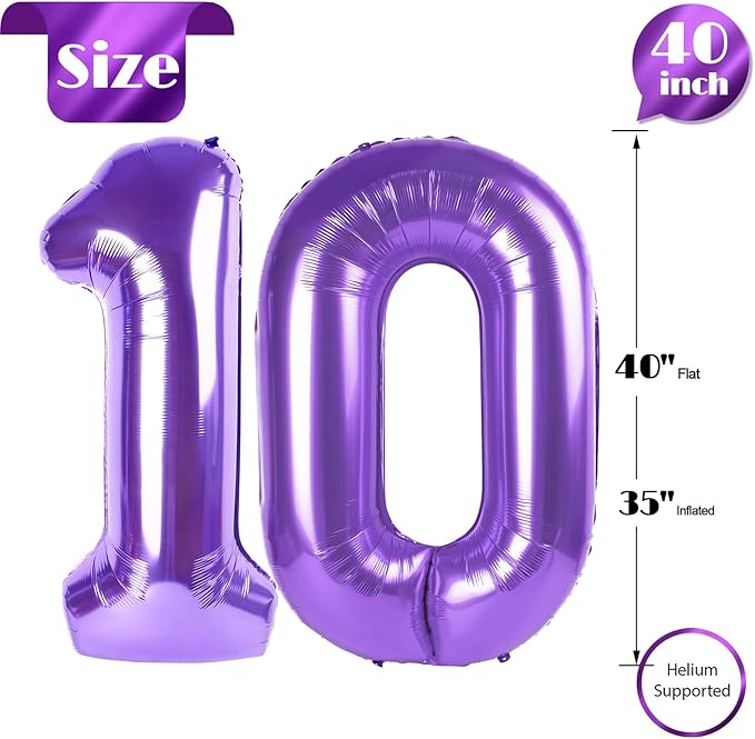 10 Balloon Number, Purple Number 10th Birthday Balloons 40 Inch, 10 Years Old Purple Birthday Decorations for Boys Girls, 10th Anniversary Decorations