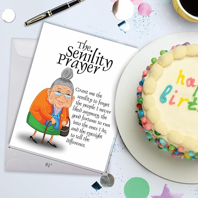 NobleWorks - 1 Humorous Birthday XL Greeting Card w/Envelope 8.5 x 11 Inch - Funny Sympathy Old Lady With A Birthday Prayer Guide for the Senile - Happy Bday Card - Senility Prayer J9046BDG