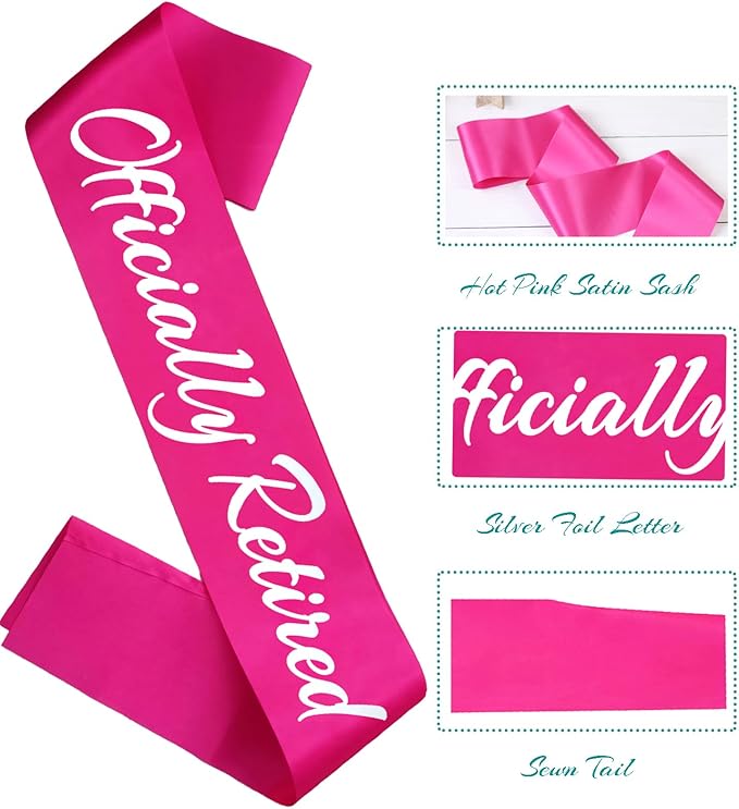 Officially Retired Sash, Reitrement Sash for Men and Women Retirement Party Decorations Supplies, Hot Pink + Silver(Officially Retired)