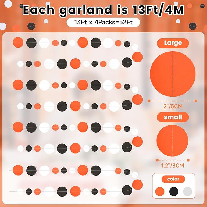 GCQQ 52Ft Black Orange White Garland Orange and Black Paper Circle Dot Streamers Halloween Polka Dot Garlands for Graduation Party Fall Autumn Thanksgiving Wedding Birthday Baby Shower Decoration