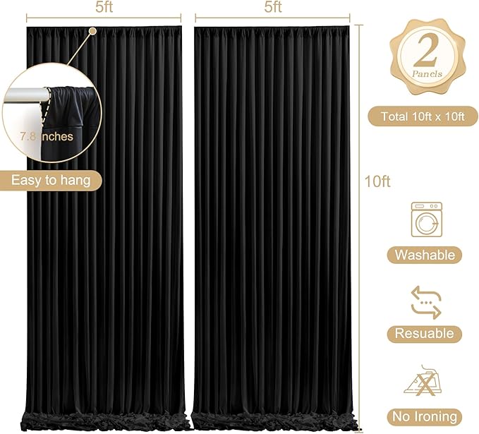 10 x 10ft Black Backdrop Curtains with Lights String for Birthday Party Spandex Photo Background Drapes Wrinkle Free Curtains Backdrop for Party Wedding Reception Baby Shower Ceremony-5 x 10ft x 2P