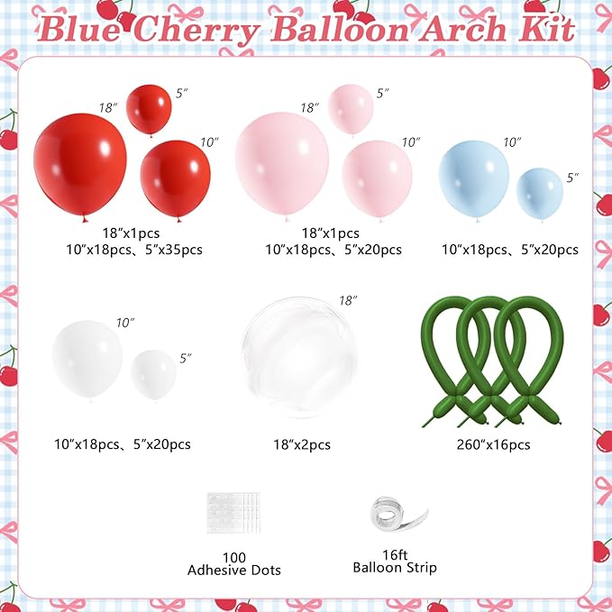 JOGAMS 193Pcs Blue and Red Cherry Balloon Arch Garland Kit,Cherry Party Decorations with Clear Cherry Foil Balloons for Cherry On Top Baby Shower Birthday Bridal Shower Wedding Valentine's Day