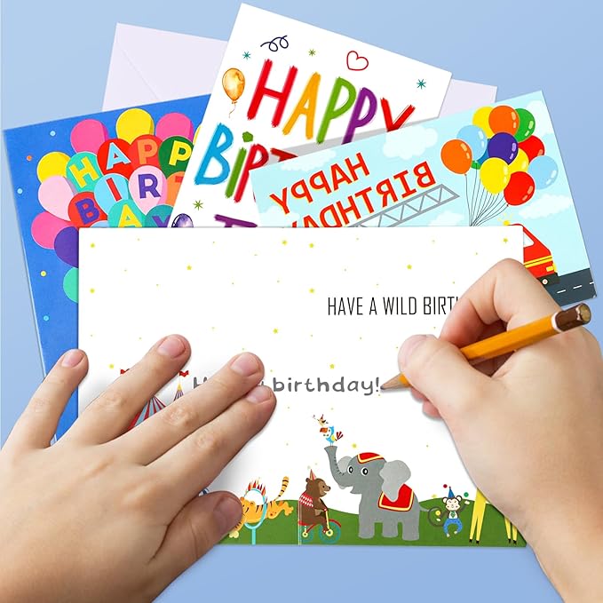 Hooqict Birthday Cards for Kids (4"x6") 10 Assorted Happy Birthday Cards with Envelopes and Greetings Inside (Carnival, Princess, Cake, Animals, Space, Gift Box, Balloons) for Boys Girls 1 2 3 4 5+