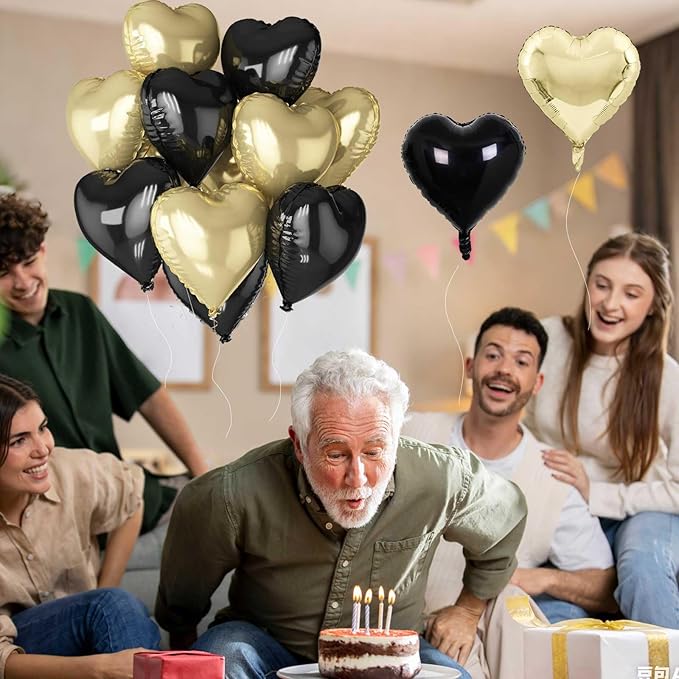 Black Gold Foil Heart Balloons, 18 Inch 10 Pcs Light Gold and Black Heart Shape Foil Balloons Pastel Yellow and Black Heart Balloons for Birthday Graduation Valentines Baby Party Anniversary