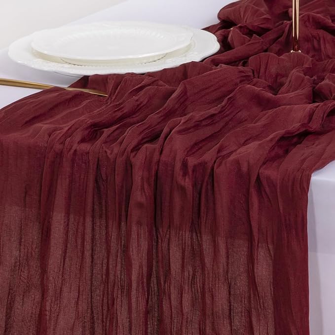 Socomi 10pcs Burgundy Red Easter Spring Cheesecloth Table Runner Boho Rustic Gauze 120 inch 10FT Cheese Cloth Runner for Wedding Party Baby Shower Birthday Home Decor Holiday Decorations