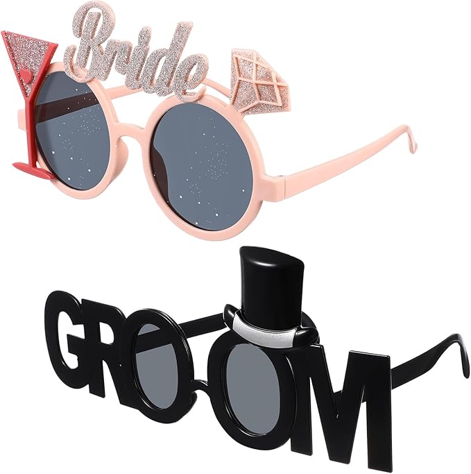 Gadpiparty 2Pcs Groom Bride Party Sunglasses Funny Glitter Party Glasses Fancy Dress Props for Wedding Hen Bridal Shower Bachelorette Decoration