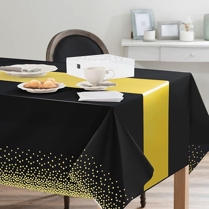 12 Pack Black Gold Tablecloth and Table Runner Set Party Decorations, Plastic Disposable Tablecloth and Satin Table Runner for Wedding Birthday Party (Black Gold)