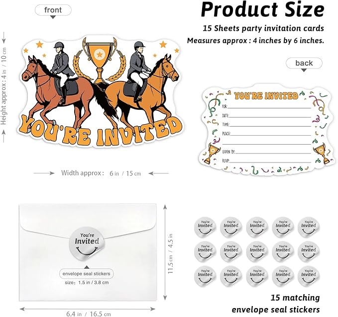Kentucky Horse Derby Themed Double-Sided Shaped Fill-In Invitations card 15 Sheets with Envelopes, Horse Race Belmont Party Invites, for Teen Boys Girls Adults Birthday Sports Tennis Party