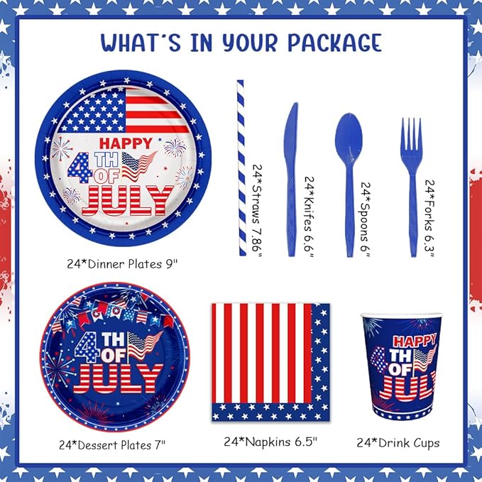 192pcs American Flag Patriotic Party Decorations for Happy 4th of July Plates, Cup, Napkin, Tableware, Independence Day Party Supplies Plates Serve 24 Guests