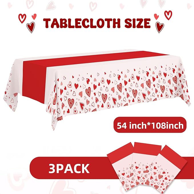 Valentine's Day Tablecloth 3-Pack, 54x108 Inch Disposable Plastic Table Covers, Red Heart Themed Decor for Romantic Party, Wedding, Anniversary, and Valentine's Day Table Decorations