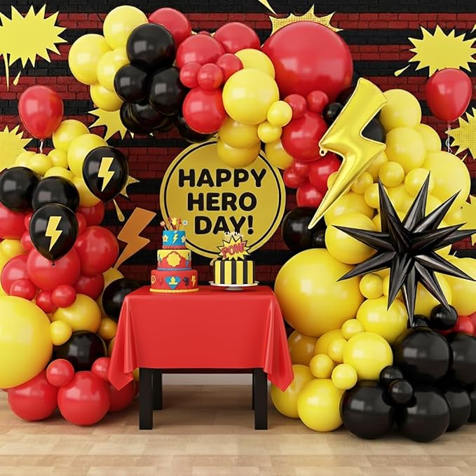 Red Black Yellow Balloons Garland Arch Kit - 143Pcs Lightning Cartoon Birthday Party Balloons Lightning Printed Balloon for Cartoon Theme Birthday Baby Shower Party Backdrop Decorations