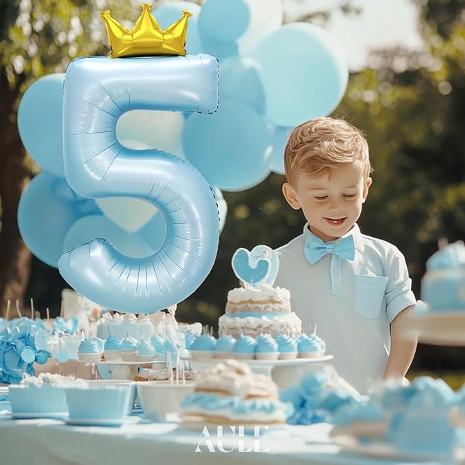 AULE 40 Inch Big Light Blue 5 Balloon Number with Crown Large Foil Helium Number Balloons 0-9 Jumbo Giant Happy 5th Birthday Party Decorations Huge Mylar Anniversary Party Supplies