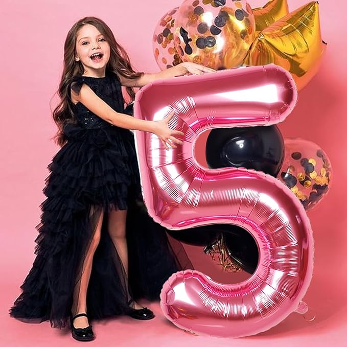 40 Inch Giant Hot Pink Number Balloon, Mylar Foil Helium Hot Pink Balloons for Birthday Party, Number 5 Balloon for Birthday Decorations, Hot Pink 5 Birthday Balloon