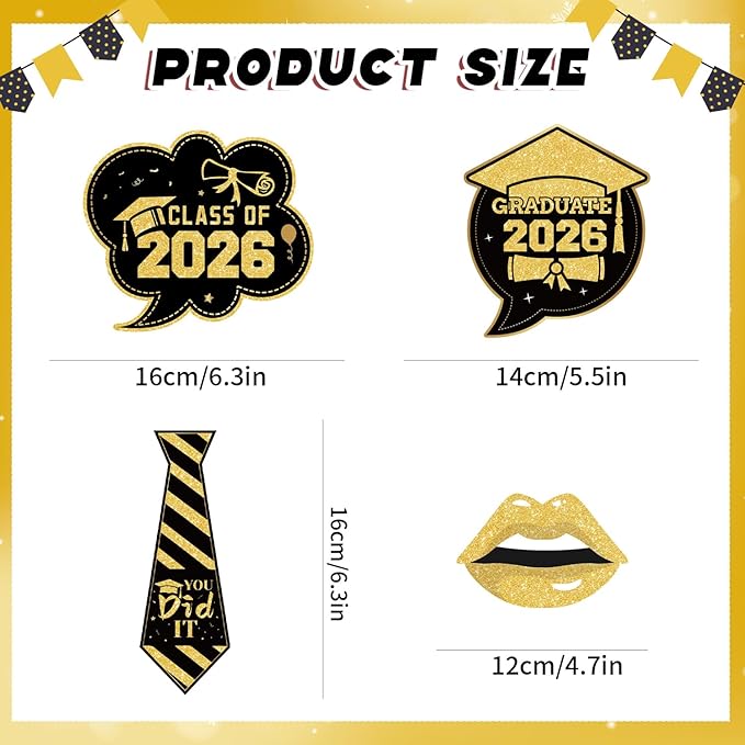 Black and Gold Graduation Decorations 2026 18Pcs, Graduation Photo Props Set with 27x19 Inch Photo Booth Frame and 17 Handheld Signs for Graduation Party Supplies Class of 2026