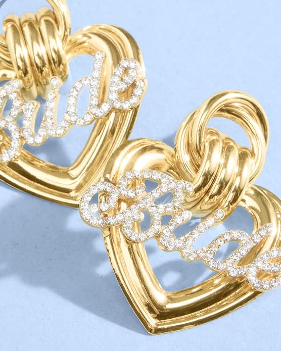 xo, Fetti Gold + Rhinestone Bride Heart Earrings | Bachelorette Party Jewelry, Bridal Accessory, Rehearsal Dinner Outfit, Bridesmaid Gift, Oversized Look