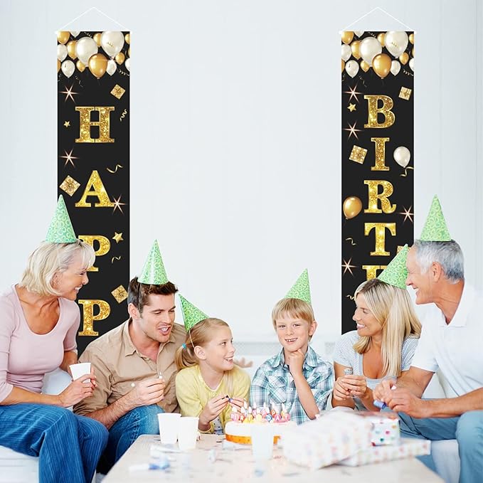 Black Gold Happy Birthday Banner Decorations, Happy Birthday Door Banner Porch Sign Wall Hanging For Outdoor Indoor For Men Women Boys And Girls Birthday Party Decor Supplies