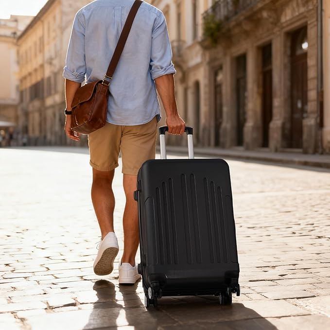 Karl home 24in Checked Luggage with TSA Lock, ABS Hardshell Check-in Suitcase with Spinner Wheels, Durable Medium Suitcase Rolling Luggage for Business Travel, Black