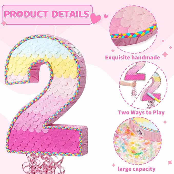 WERNNSAI Pink Sweet Two Piñata - Number 2 Piñata Happy Birthday Decoration Pink Rainbow Design Party Games for Girl Princess Baby Shower Party Favor with Blindfold Anniversary Celebration Supplies
