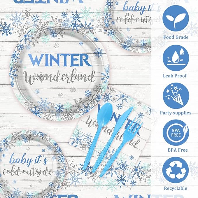 194pcs Winter Wonderland Baby Shower Decorations Winter Wonderland plates and Napkins, Cup, Tablecloth, Tableware, Blue Disposable Christmas Snowflake Party Supplies Serve 24 Guests