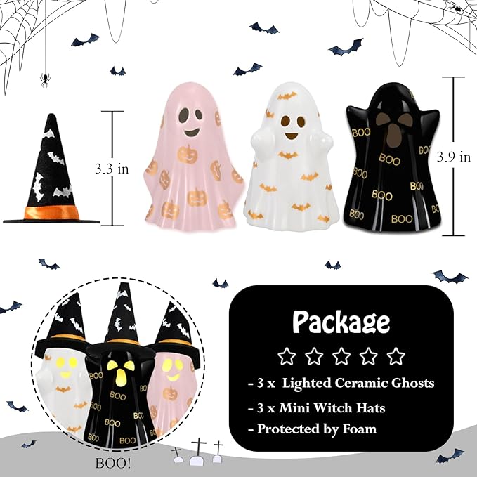 Halloween Decorations Indoor, Set of 3 Ceramic Halloween Ghosts with Witch Hats, Cute Spooky Lighted Decor Ghost Figurines Witch Hat Scary Pumpkin Bats Boo for Home Mantel Shelf Table Decor