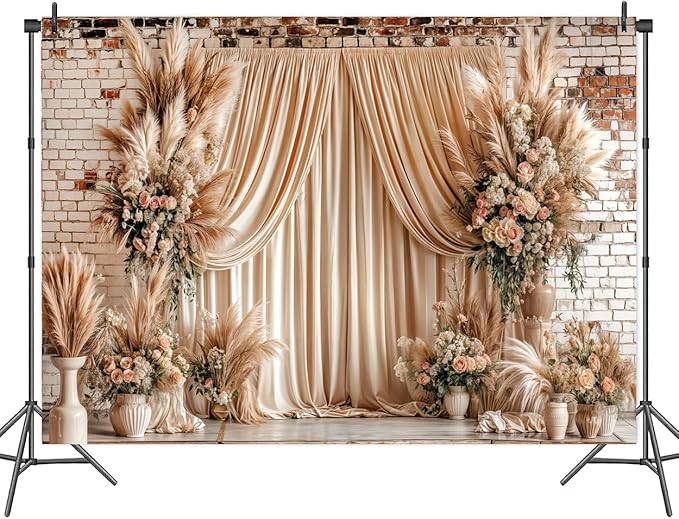 7X7ft Boho Floral Wedding Backdrop Wall Background Photography Beige Vintage Flowers Backdrops for Parties Wedding, Girls Birthday Princess Weeding Bridal Shower Floral Anniversary Ceremony Decor