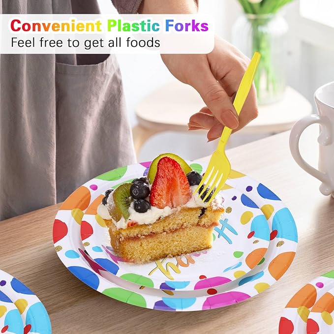 Multicolor Birthday Decorations Plates Set for 25 Guests, 100 Pieces Birthday Paper Plates Napkins Forks with Colorful Dots Design Tableware for Kids Boys Girls