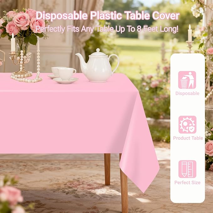 MRJ 3 Pack Pink Plastic Tablecloths for Rectangle Tables Disposable Table Cloth 54 x 108 Inch Waterproof for Girls Party Picnic Valentines