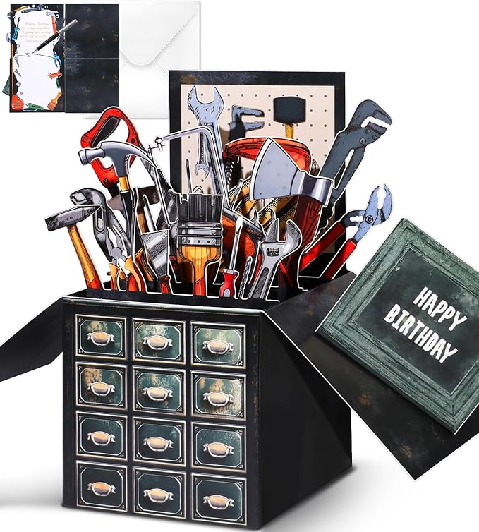 Birthday Pop Up Card with Envelope - Funny Happy Birthday 3D Greeting Pop Up Card, Best Gifts for Men Dad Husband Grandpa Father Daddy Him, Unique 3D Design, Metal Toolbox