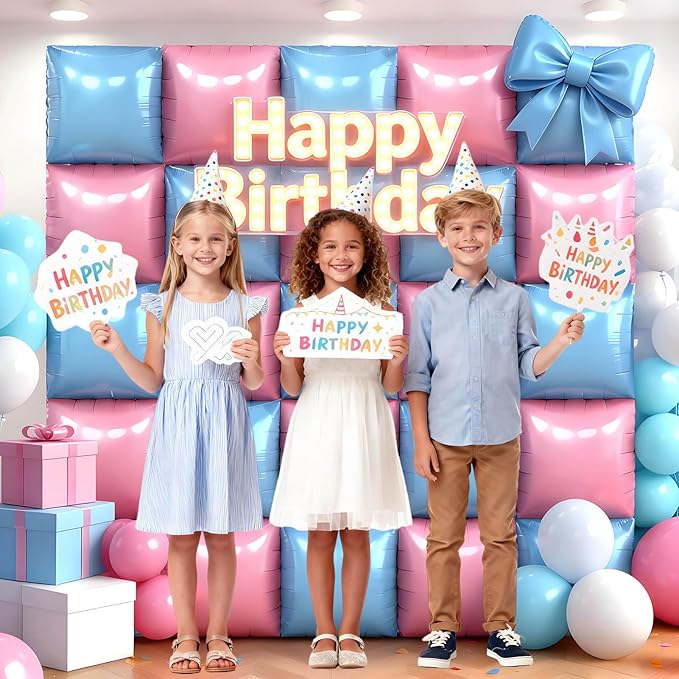 25Pcs Pink and Blue Square Foil Balloons Wall Backdrop, Double Sided Metallic Foil Balloons Tunnel Arch Garland Kit for Photo Booth Birthday Wedding Graduation Halloween Party Decorations