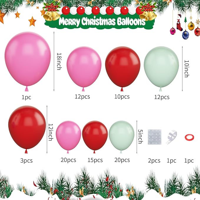 Christmas Balloon Garland Arch Kit, 107PCS Red Pink Green Balloons Arch with 4D Silver Balloon, Xmas Candy Cane Windmill Silver Explosion Star Foil Balloons for Christmas New Year Party Supply
