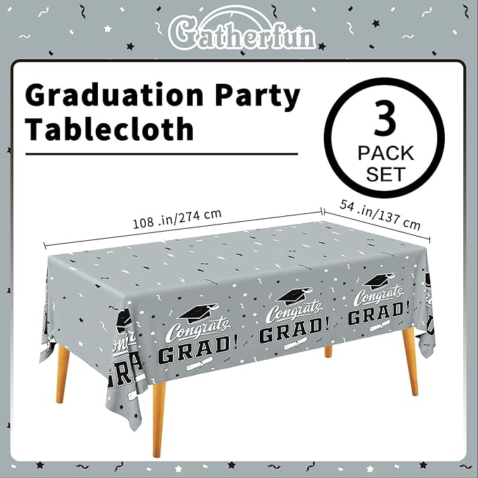 Gatherfun Graduation Party Decorations, Gongrats Grad Tablecover for Graduation Party Supplies, 3 pcs Silver Table Cloths, 54"x108"