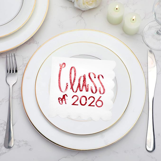 100 Pcs Class of 2026 Graduation Cocktail Napkins 5 x 5 Inch Congrats Grad Scalloped Paper Napkins for Dinner Beverage Graduate Decorations(Red)