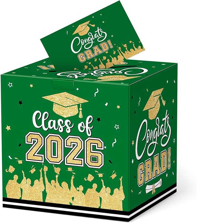 Graduation Card Box 2026 - Congrats Grad Card Boxes Holder, Green and Gold Class of 2026 Graduation Gift Cards Box for Graduation Party Decorations 2026 Favors Decor Supplies Props,9x 9 x 9 inches