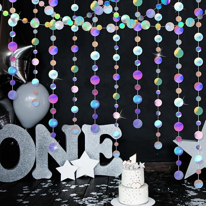 Outus 5 Pieces Laser Silver Round Dots Garland Easter Graduation Party Hanging Decor Each Length 13.1ft Glitter Paper Dot Streamers for Birthday Wedding Classroom