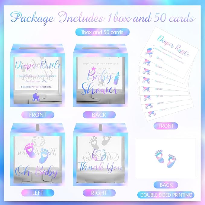 Funrous 51 Diaper Raffle Tickets with Box for Baby Shower Game Invitations Diaper Raffle Card for Gender Reveal Baby Shower Party Decoration Table Centerpiece(Clear Laser Silver)