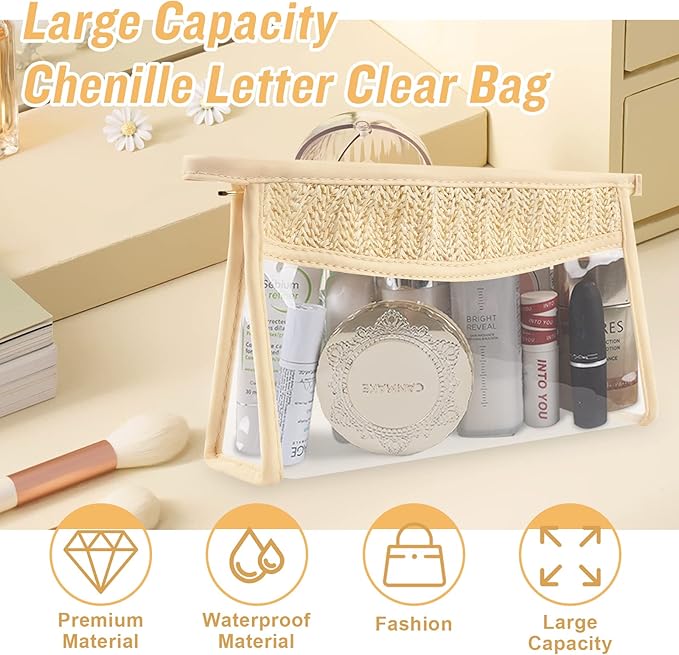 Boho Patch Bag Clear Makeup Letter Bag, Waterproof Zipper Make up Bags Toiletry Pouch for Women Girls, Hollow Woven Clear Letter Patch Cosmetic Bags Transparent Organizer Pouch for Travel(Beige)