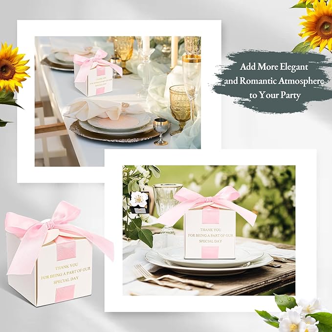 Marspark 50 Pcs Wedding Favor Boxes, 2.5 x 2.5 x 2.5 Inch Wedding Party Candy Boxes with Ribbons Bridal Gift for Guests Bridal Shower Birthday Party Anniversary Supplies(Pink)