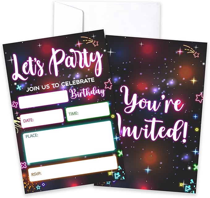 CLIRBE Let's Party Birthday Party Invitations, Glow Neon Invited Birthday Invitations For Teen Boys Girls, 20 Invites Cards With 20 Envelopes, Party Supplies Favors -H16