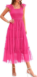 PRETTYGARDEN Women's Summer Tulle Midi Dress Sleeveless Smocked Ruffle Flowy Mesh Dresses Party Wedding Guest Sundress