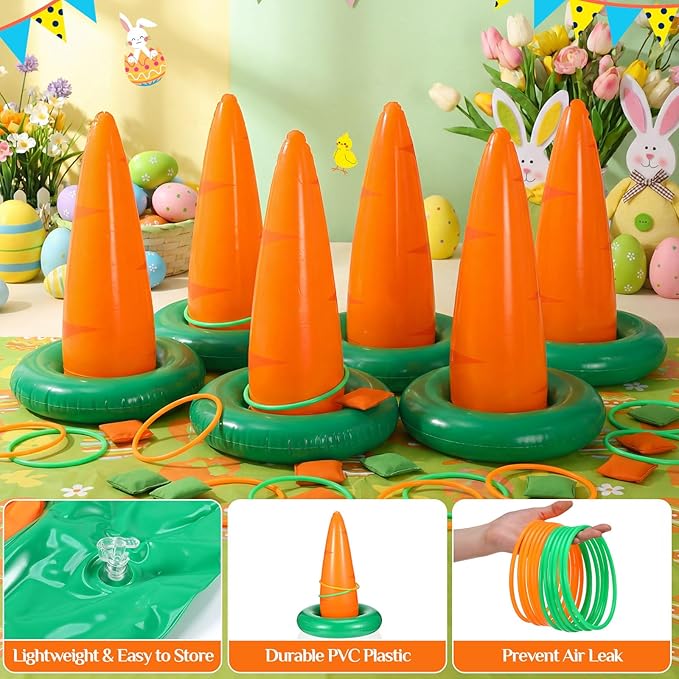 Easter Carrots Inflatable Ring Toss Game for Adults Family, Indoor Outdoor Party Easter Game Party Decorations Cute Fun with 6 Cones 12 Rings 12 Bean Bags 1 Air Pump