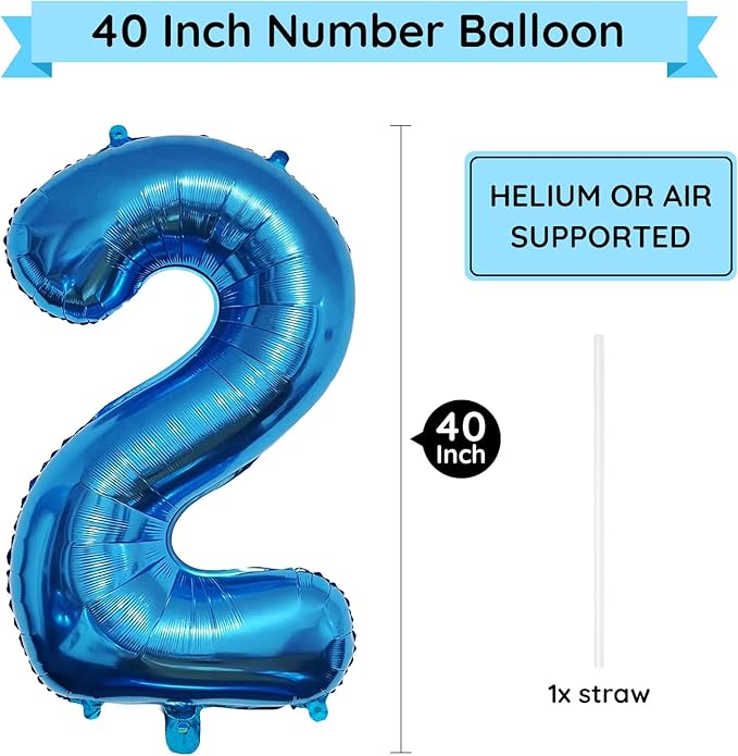 40 Inch Blue Number Balloon 2, Large Number Foil Balloons Mylar for Girl Boy Birthday Party Celebration Decorations Supplies, Digital Balloons for Wedding Anniversary Events Decorations