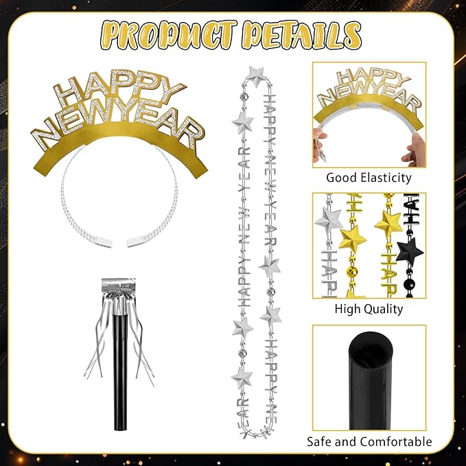 Openfly 36Pcs New Years Eve Party Supplies 2026 Happy New Year Hats Headband Tiara Noise Makers Paper Glasses Party Favors