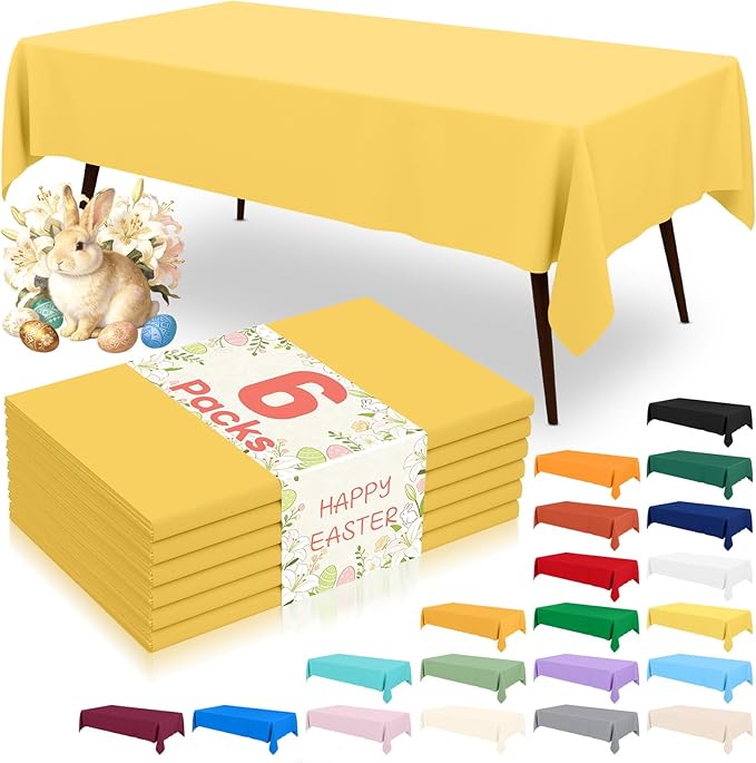 misaya 6 Packs Disposable Plastic Table Cloth, 54 x 108 Inch Waterproof Rectangle Tablecloth, Leakproof & Sturdy Decorative Table Covers for Easter, Picnic, Party and Outdoor, Yellow