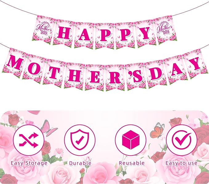 Mother's Day Decorations, Happy Mother's Day Banner for Party, Pre-Strung Banner for Indoor Outdoor Decor