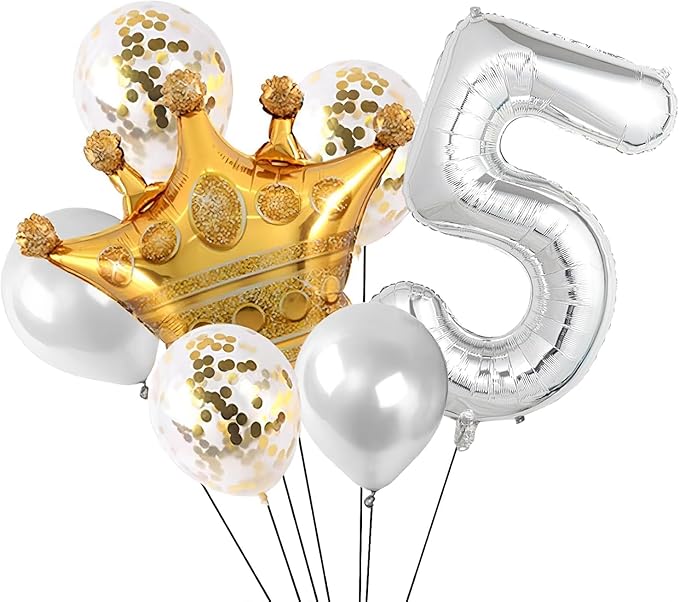 32 In Silver Large Numbers Balloons 0-9, Self Inflating Number 5 Balloons for Boys Girls, Big Silver Digit 5 Balloons for Women Men Birthday Party Anniversary Wedding Supplies Decorations
