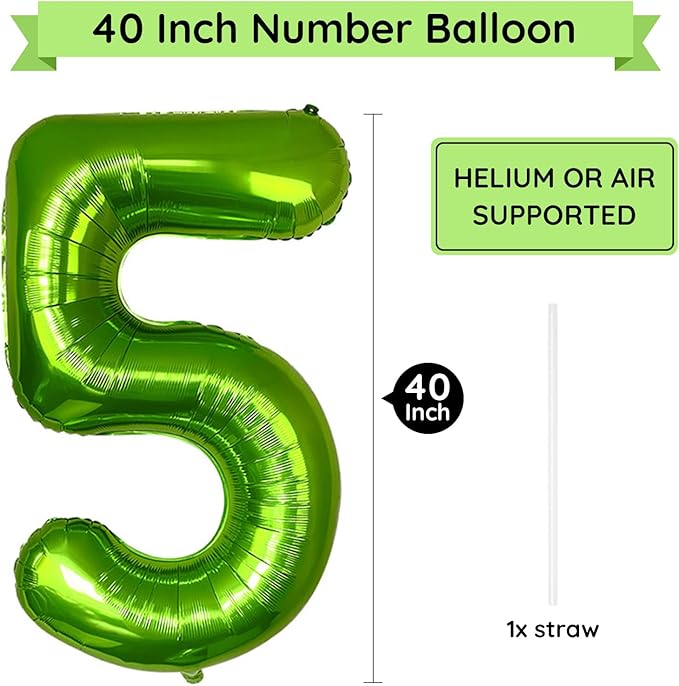 40 Inch Green Number Balloon 5, Large Number Foil Balloons Mylar for Girl Boy Birthday Party Celebration Decorations Supplies, Digital Balloons for Wedding Anniversary Events Decorations