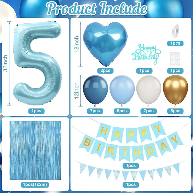 5th Birthday Decorations Blue White Gold,5th Birthday Balloons with Happy Birthday Banner Fringe Curtain Heart Foil Balloons for Boys Girls 5 Year Old Birthday Decor