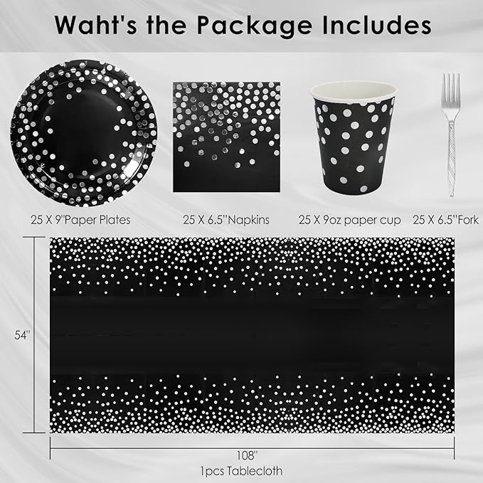 Serves 25 Guests Black and Silver Paper Plates Napkins Party Supplies,9-inch Silver Dot Black Paper Plates Napkins Cups Tablecloths for Father’s Day Prom Retirement Wedding Birthday Party