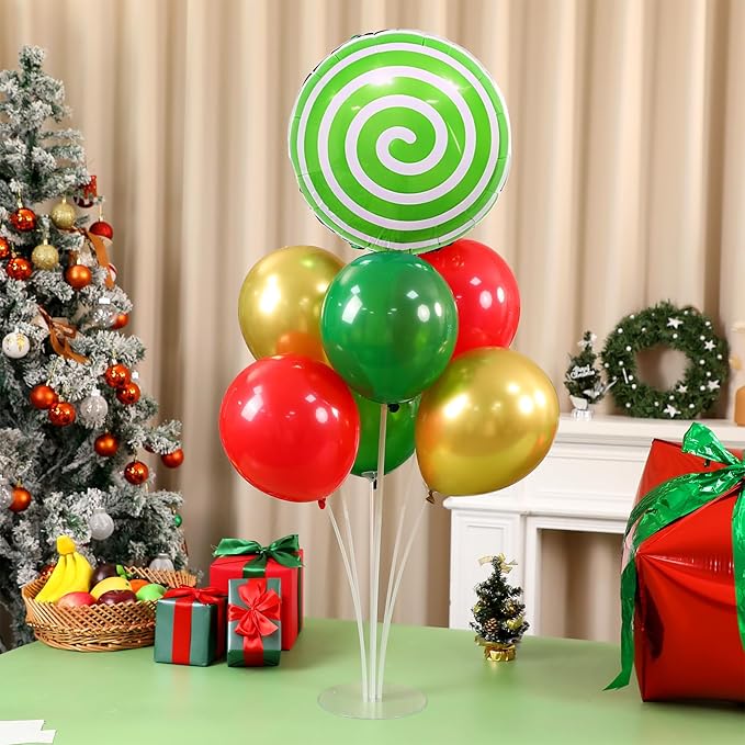 4 Sets Christmas Party Balloons Stand Kit with Gift Box Candy Foil Balloons Party Balloon Centerpiece for Tables for Xmas Holiday Birthday Party Christmas Themed Decorations