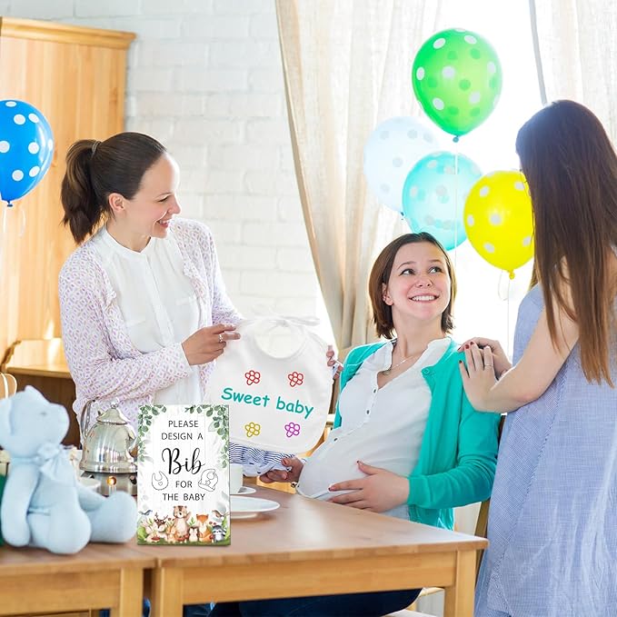 Panitay 43 Pcs Baby Shower Games White Bibs Design, Include Wooden Baby Shower Game Sign, 30 DIY Blank White Bibs, 12 Markers for Gender Reveal Party Decorating Supplies(Woodland Animal)